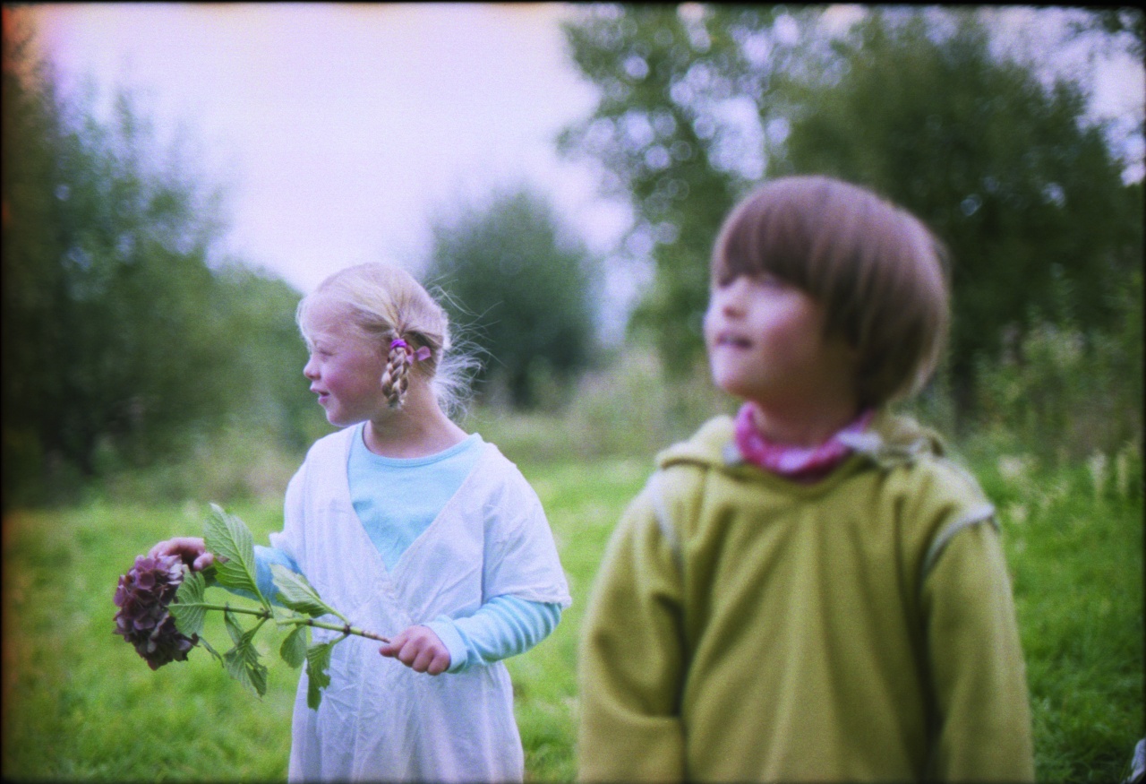 Ein Mädchen mit einer Blume in der Hand und ein Junge gehen über eine Wiese